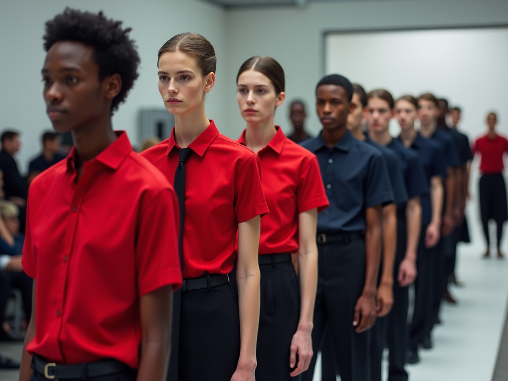 Group of models in red and black outfits standing in a row at a fashion show.