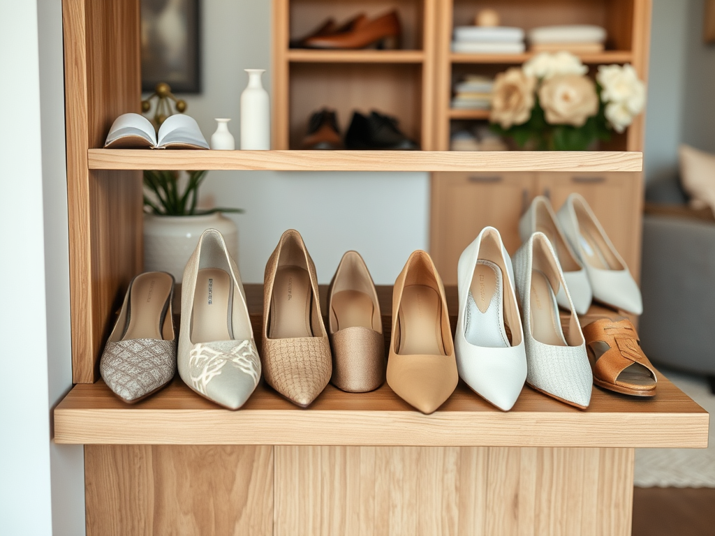 A wooden shelf displays a variety of stylish women’s shoes, featuring different colors and textures.