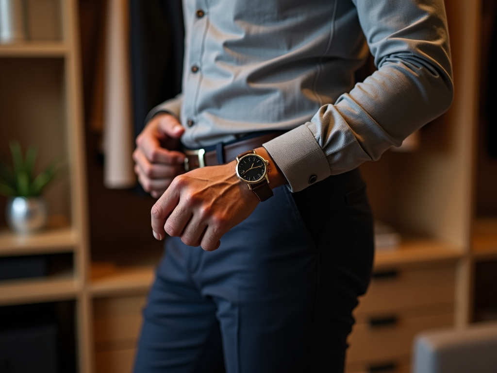 Man adjusting his stylish watch, dressed in a sharp blue suit and gray shirt.