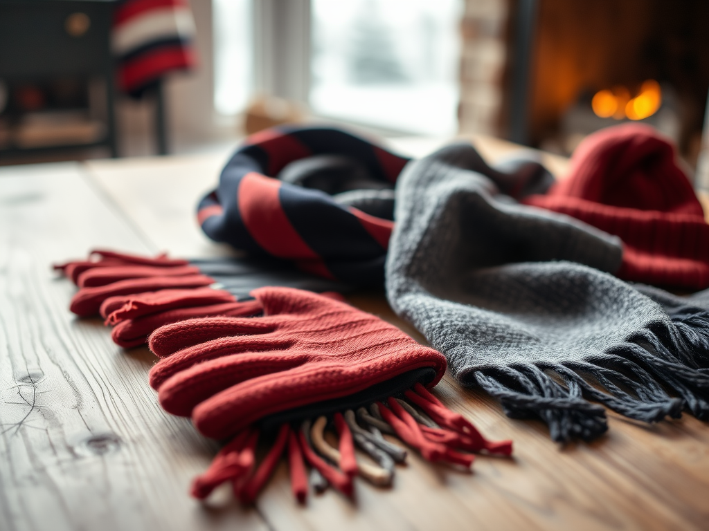 A cozy arrangement of red gloves, a grey scarf, and a red hat on a wooden table, with a fireplace in the background.