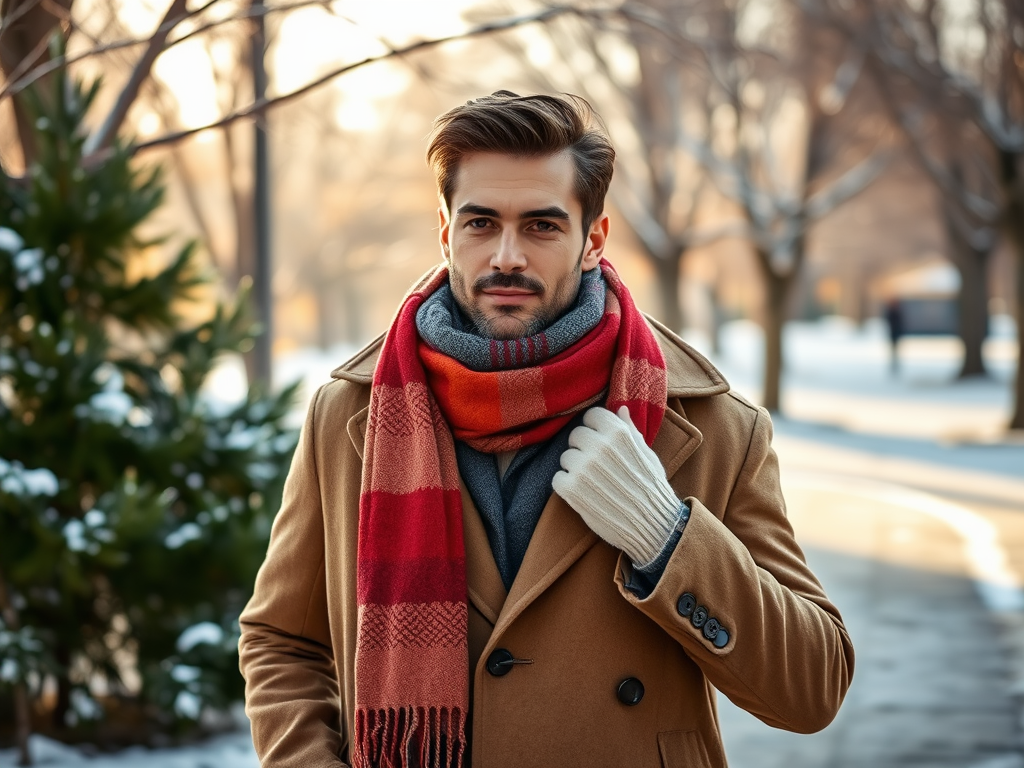 A well-dressed man in a coat and colorful scarf stands outdoors in a snowy park during winter.