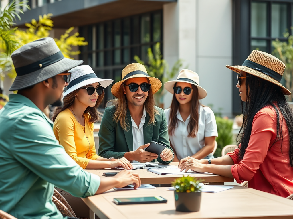 A group of five stylishly dressed friends sit around a table, chatting and enjoying a sunny day outdoors.