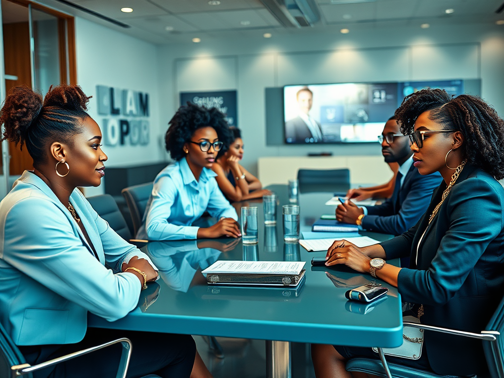A group of professionals in business attire engaged in a meeting around a conference table.