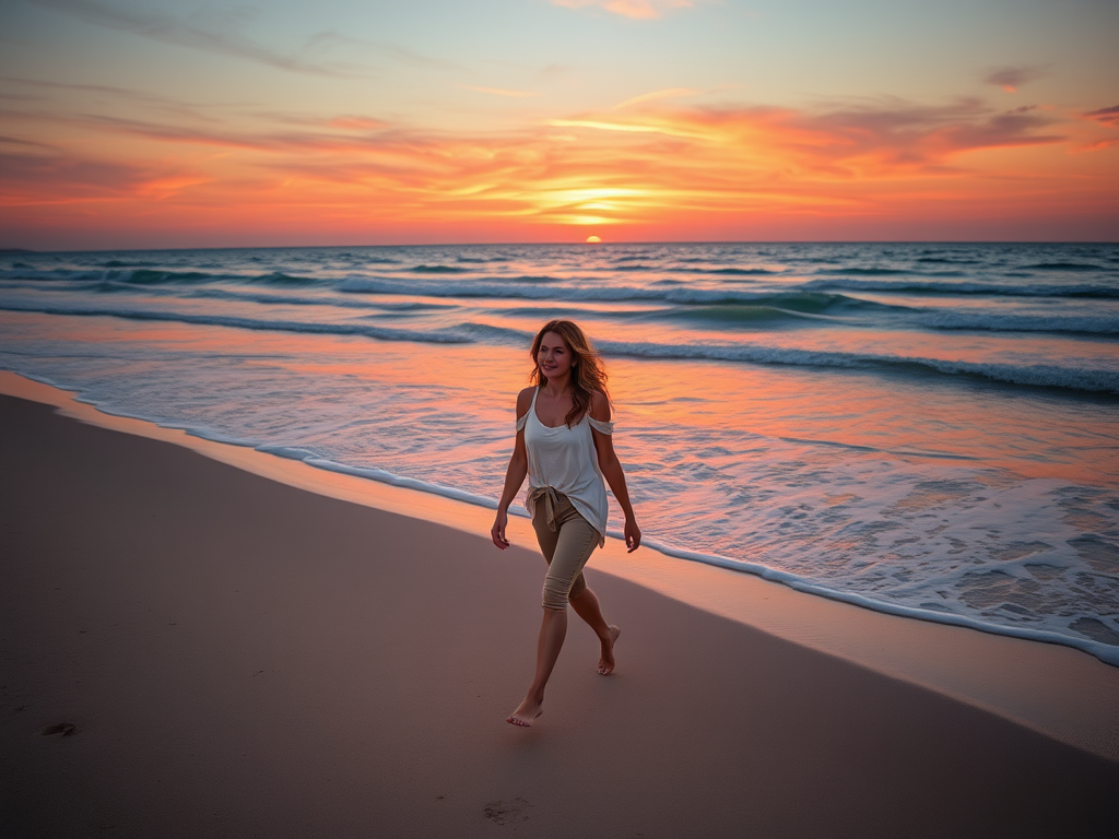 A woman walks barefoot along a beach at sunset, with vibrant colors reflecting on the water and sand.