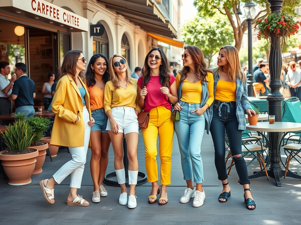 A group of six smiling women in colorful outfits stands together on a sunny street, enjoying their outing.