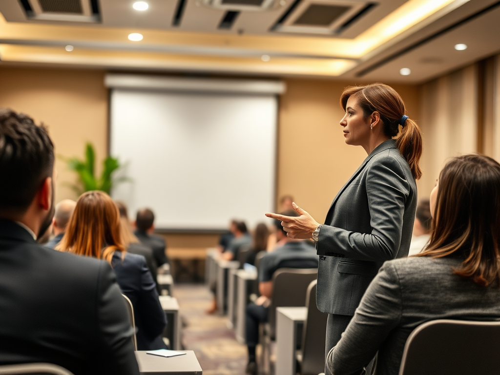 A woman in a suit speaks to an audience at a conference, with a projector screen in the background.