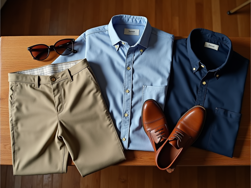 Men's outfit with beige shorts, two button-up shirts in light and dark blue, brown shoes, and sunglasses.