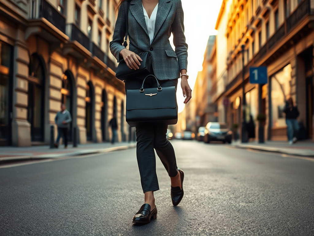 A woman in a tailored suit walks confidently down a sunlit street, carrying a stylish handbag.