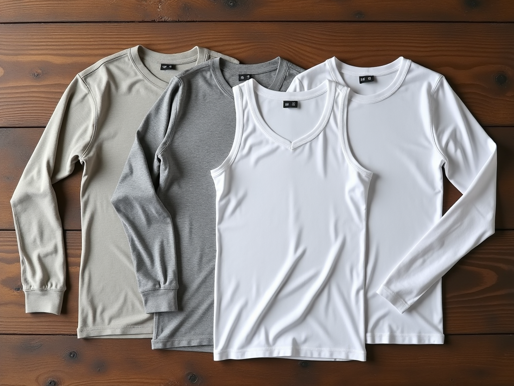 Three long-sleeve shirts in neutral colors neatly displayed on a wooden surface.