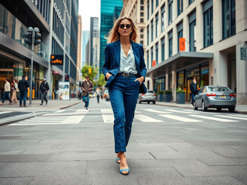 A confident woman in a blue suit walks through a city street, with buildings and pedestrians in the background.