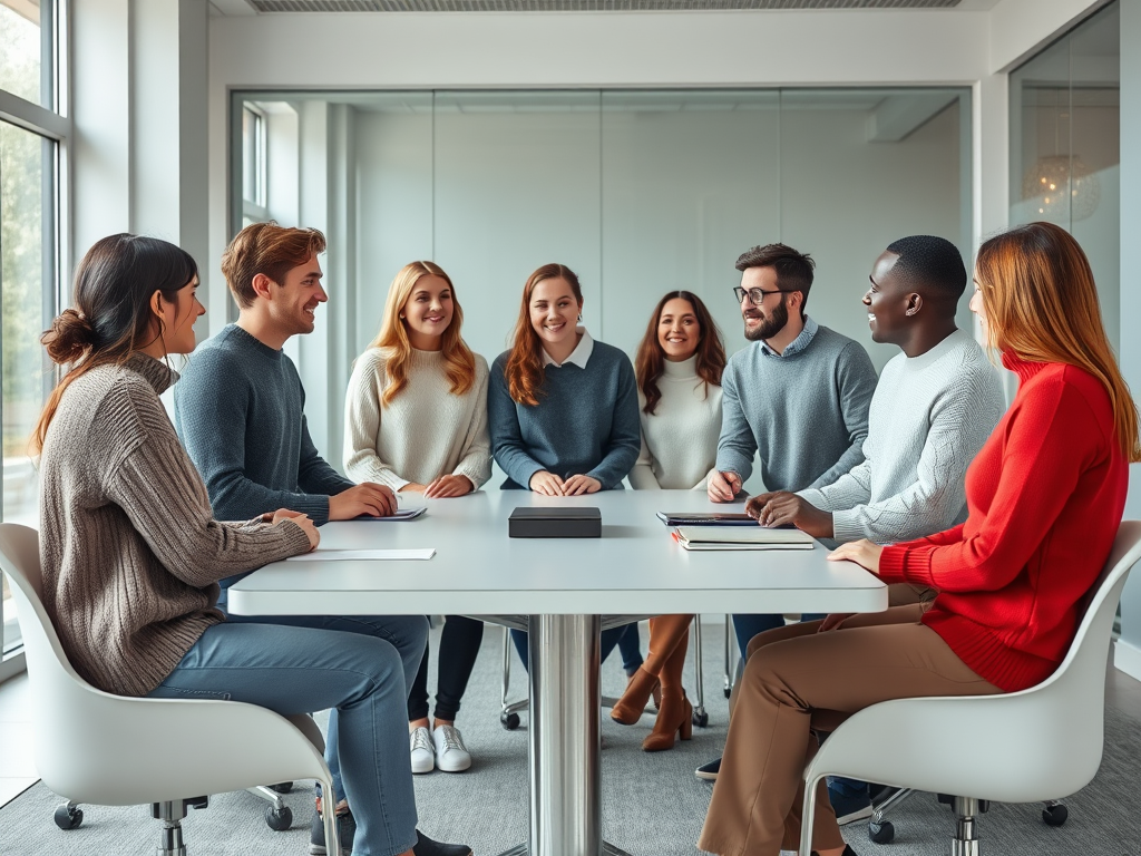 A diverse group of eight people sitting around a table, engaged in a discussion in a bright, modern office.