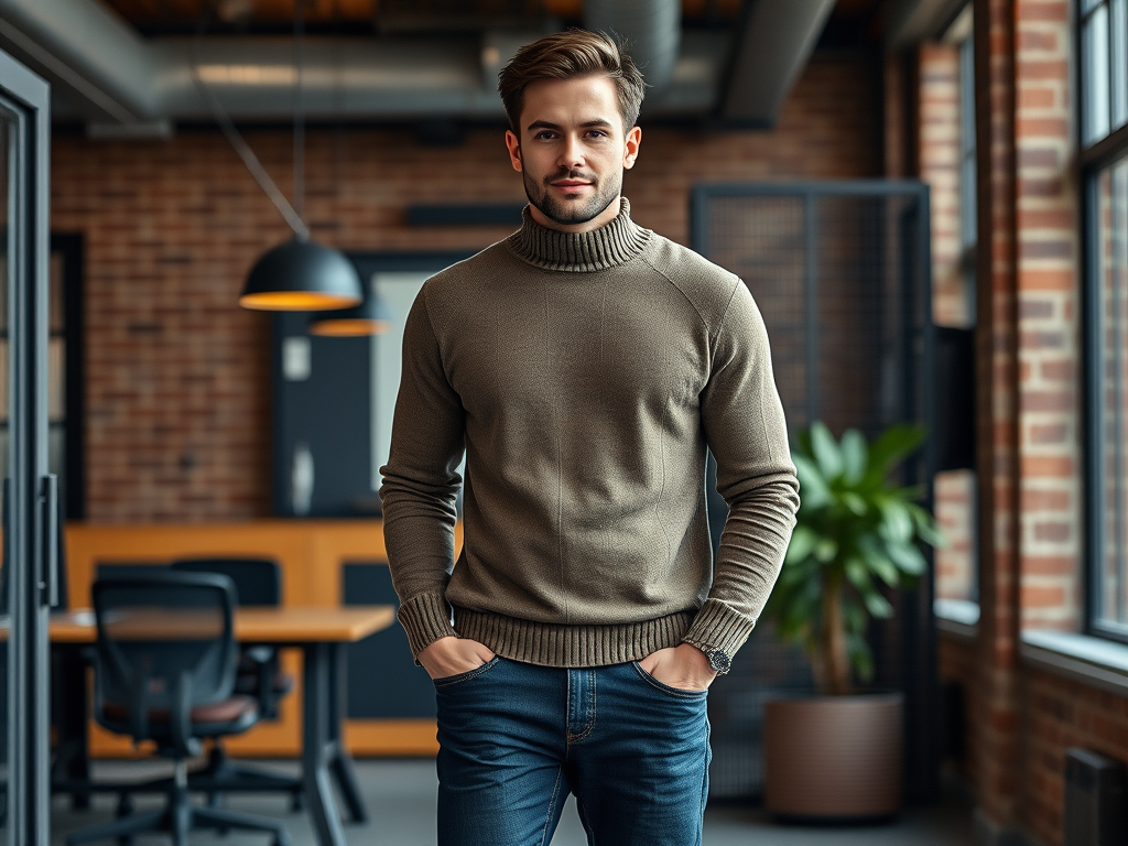 A young man in a turtleneck sweater stands confidently in a modern office with brick walls and greenery.