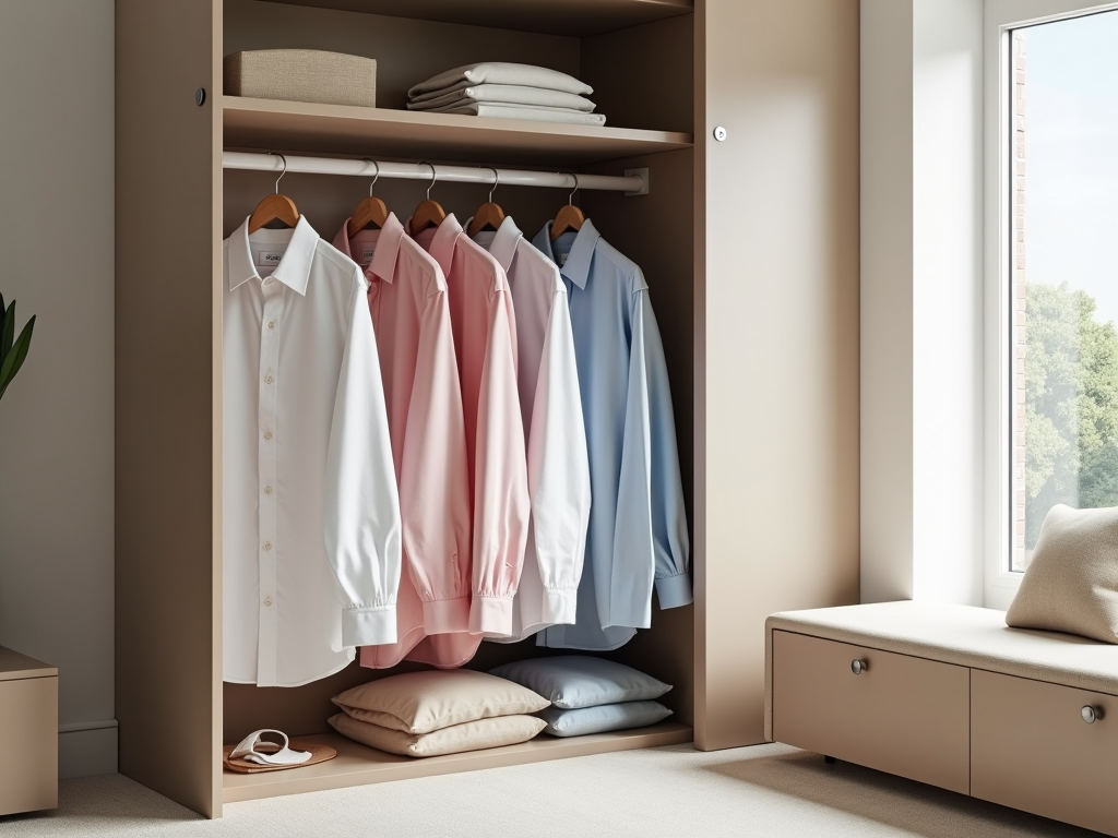 Neatly organized closet with shirts in white, pink, and blue on hangers, beside pillows and sandals.