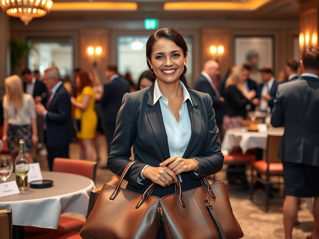 A professional woman in a suit smiles, holding a large handbag, amidst a busy networking event.