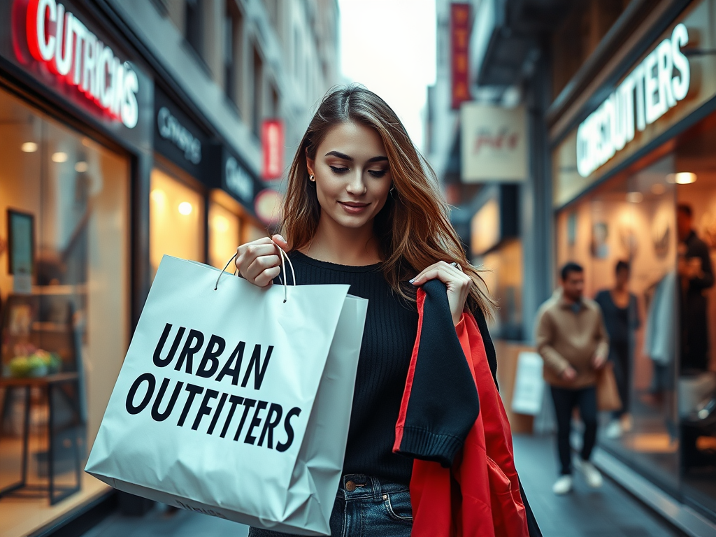 A young woman smiles while holding a shopping bag from Urban Outfitters in a bustling street lined with shops.