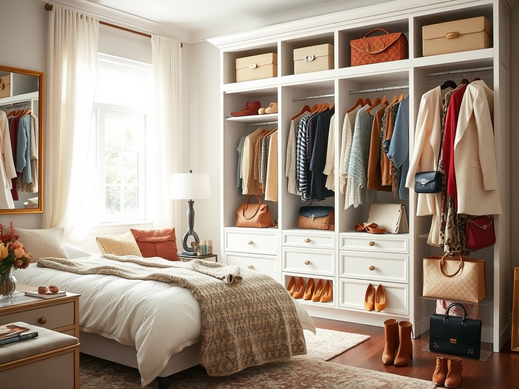 A cozy bedroom with a neatly organized closet, a bed with a textured blanket, and stylish shoes displayed below.