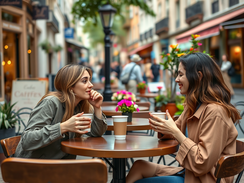 Two women sit at a café table, engaged in a cheerful conversation over coffee, with a lively street in the background.