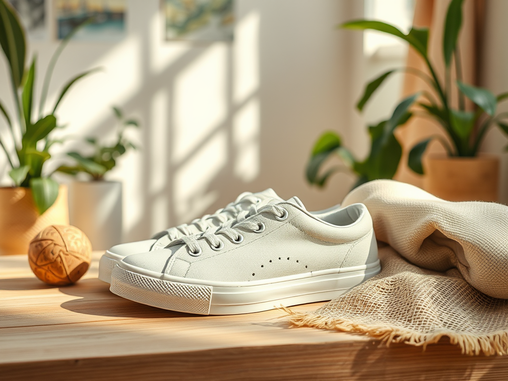 A pair of light-colored sneakers on a wooden table, surrounded by plants and fabric in a bright, airy room.