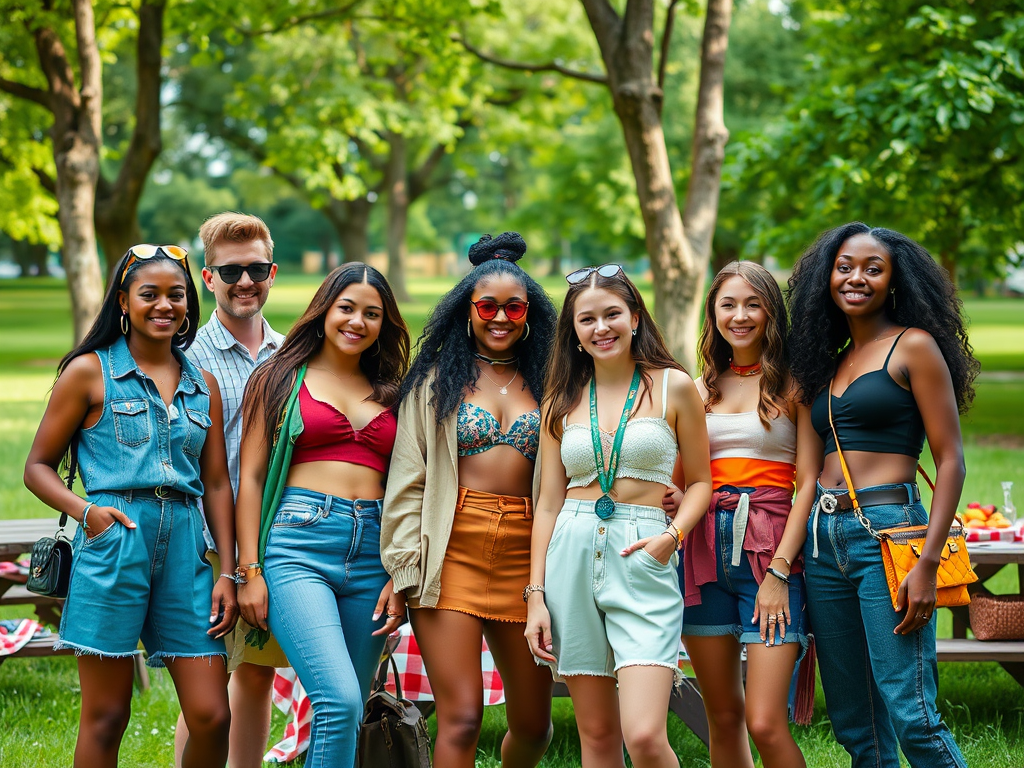 A group of seven friends smiles together outdoors in summer attire, surrounded by green trees and picnic setups.