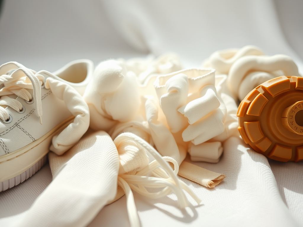 A pair of white sneakers next to various light-colored accessories and a textured orange roller on a soft background.