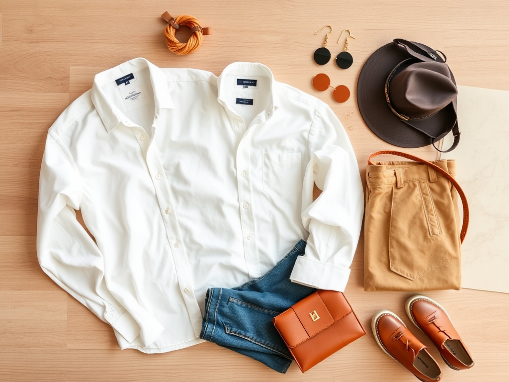 A flat lay of a white shirt, blue jeans, tan pants, brown shoes, hat, and accessories on a wooden surface.