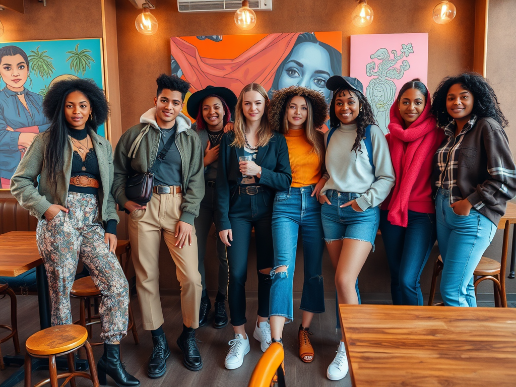 A diverse group of eight young women and one young man pose together in a cozy café with colorful wall art.