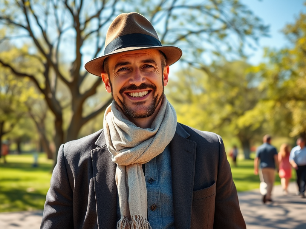 A man in a hat and scarf smiles warmly in a park, with blurred figures walking in the background.