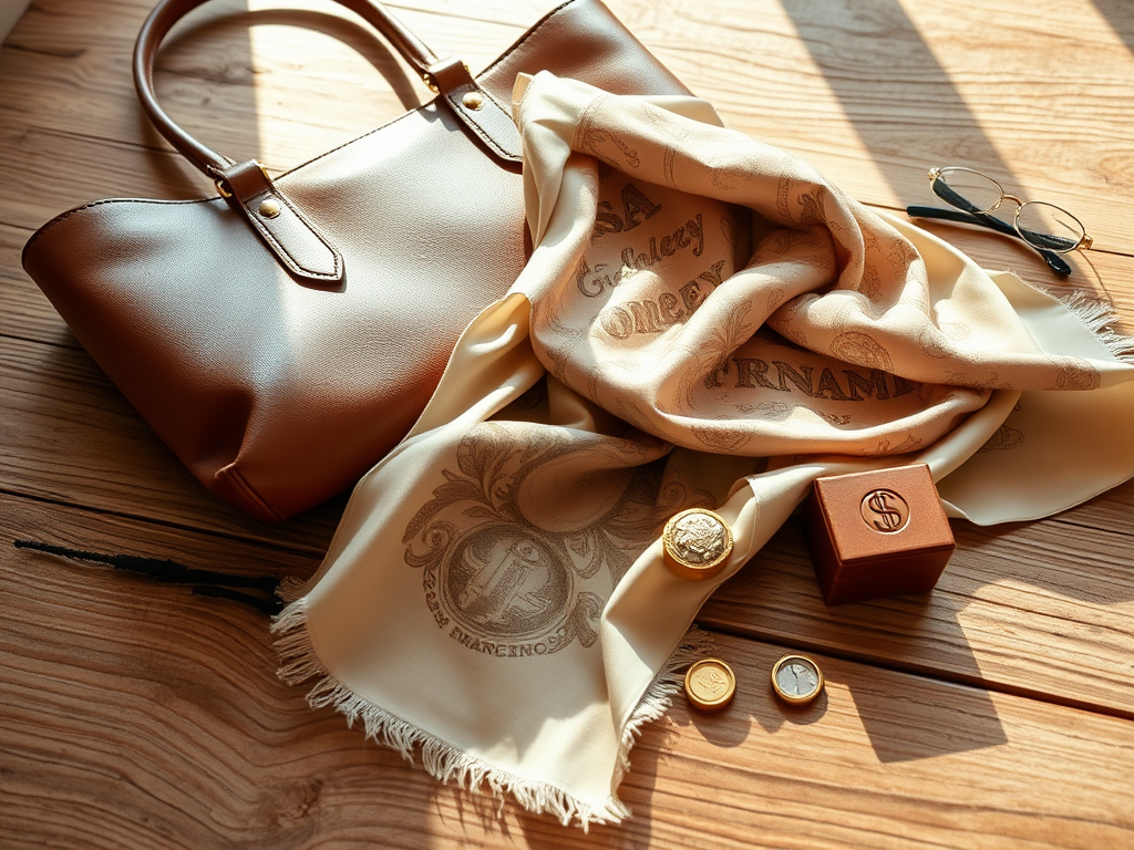 A brown handbag, a cream scarf, coins, a small box, and glasses on a wooden surface, illuminated by sunlight.