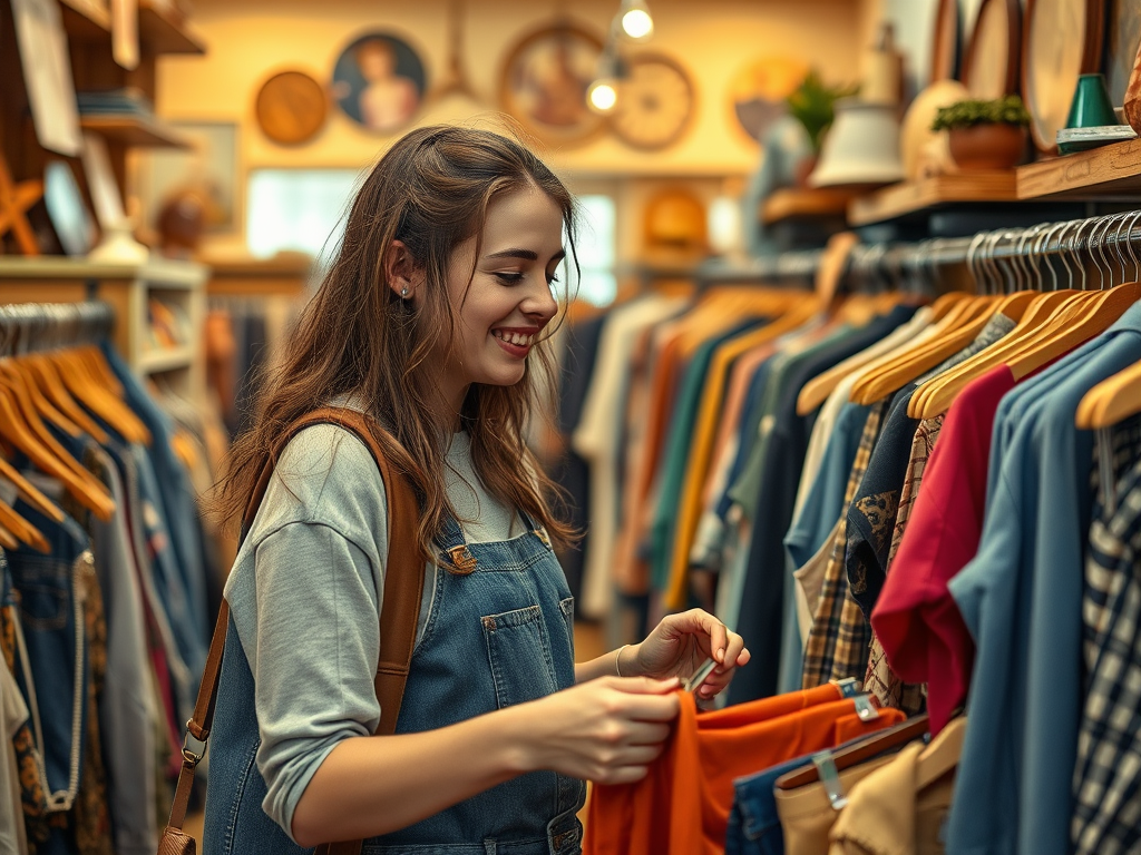 A young woman smiles while browsing colorful clothes in a boutique, enjoying her shopping experience.