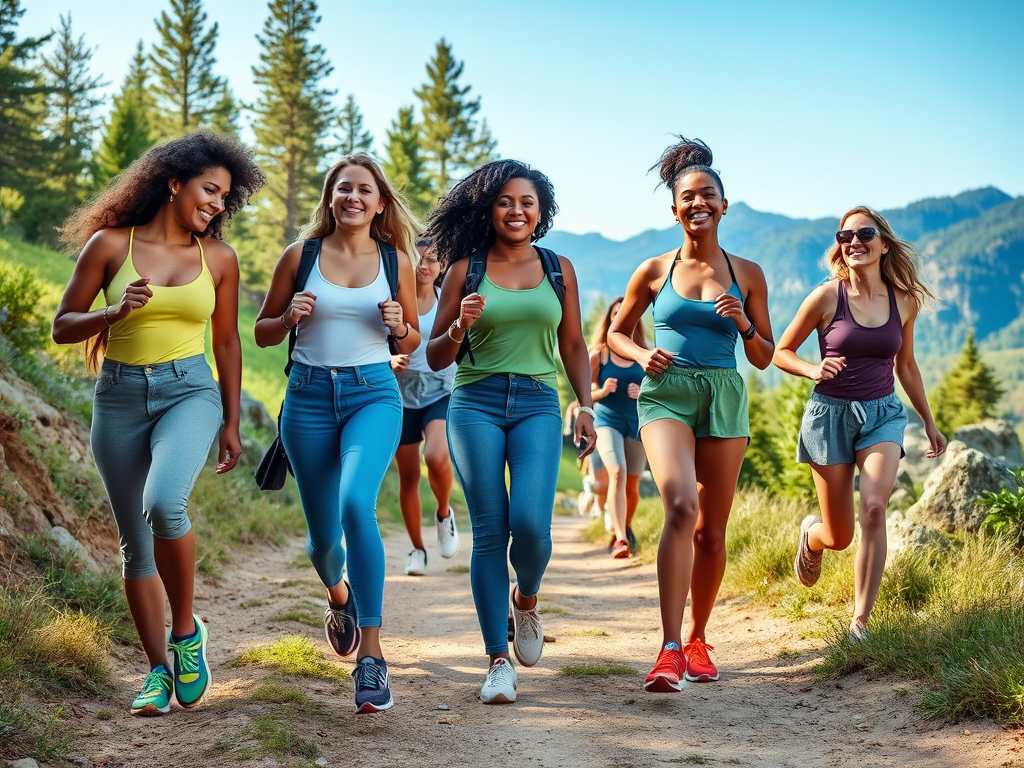 A group of young women joyfully hiking along a sunny trail surrounded by trees and mountains.