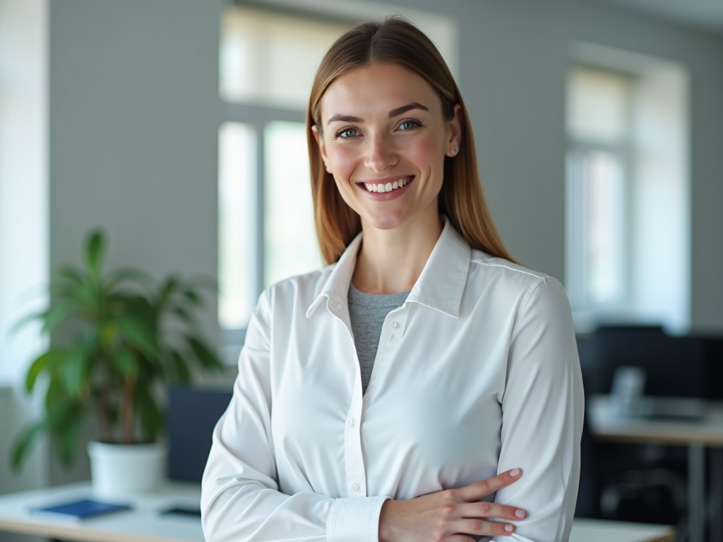Smiling young woman in white blouse standing in a modern office.
