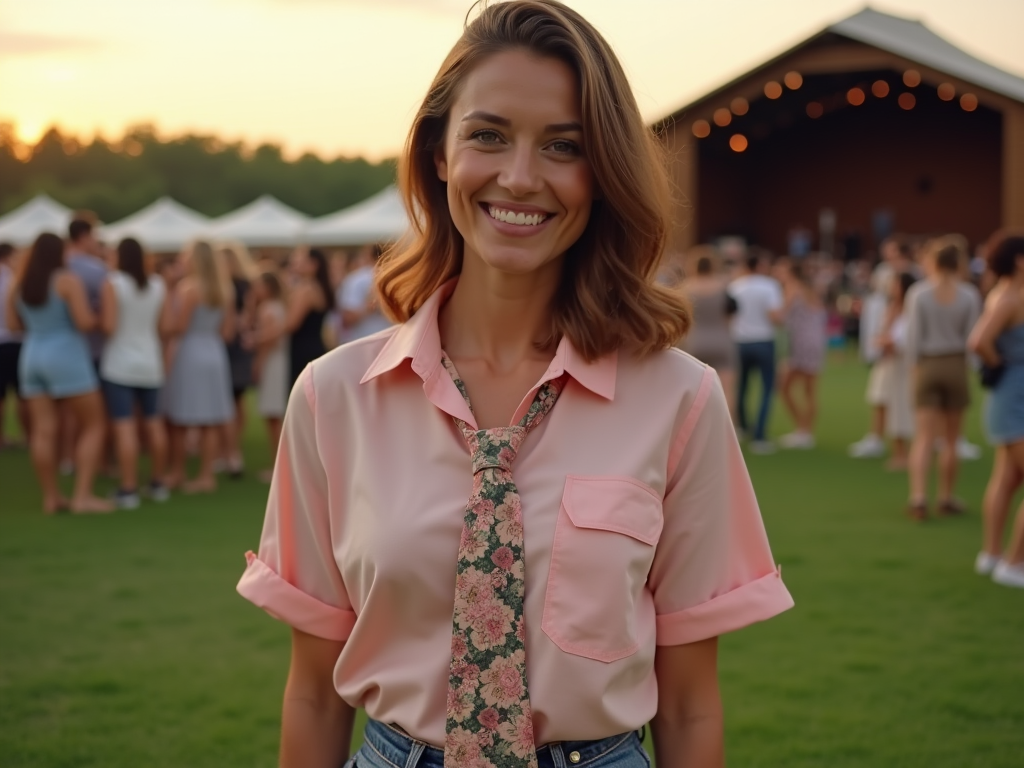 Woman in pink shirt smiling at a sunset outdoor party with people in the background.