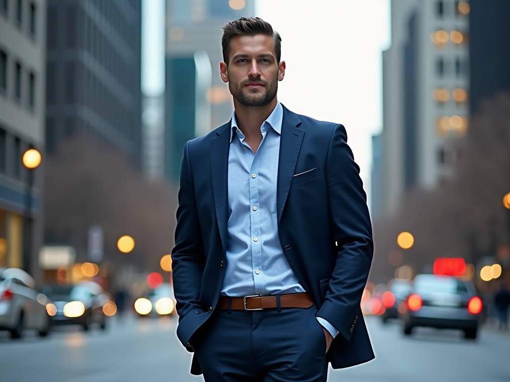 Confident man in suit standing in city, blurred traffic and buildings in background.