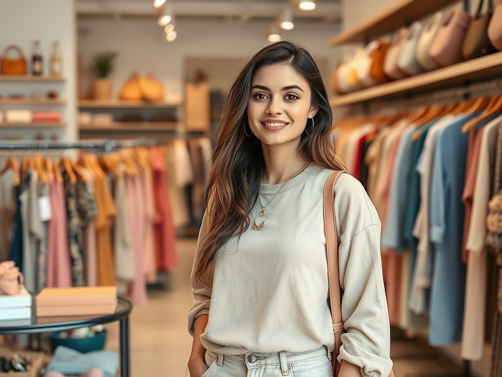 A young woman smiles in a stylish clothing store, surrounded by colorful garments and accessories.