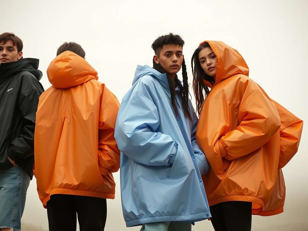 Four individuals stand together, each wearing vibrant oversized jackets in black, orange, and light blue against a foggy backdrop.