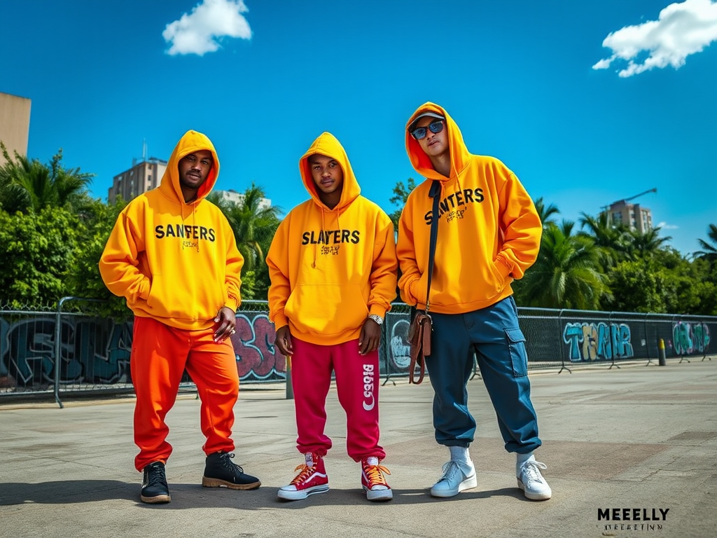 Three men in vibrant hoodies pose outdoors with graffiti in the background under a bright blue sky.