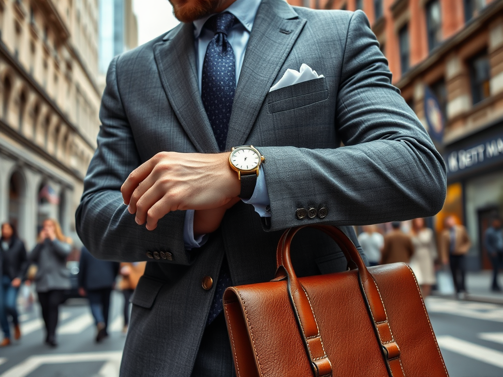 A man in a suit checks his watch while holding a brown leather bag in a busy city street.