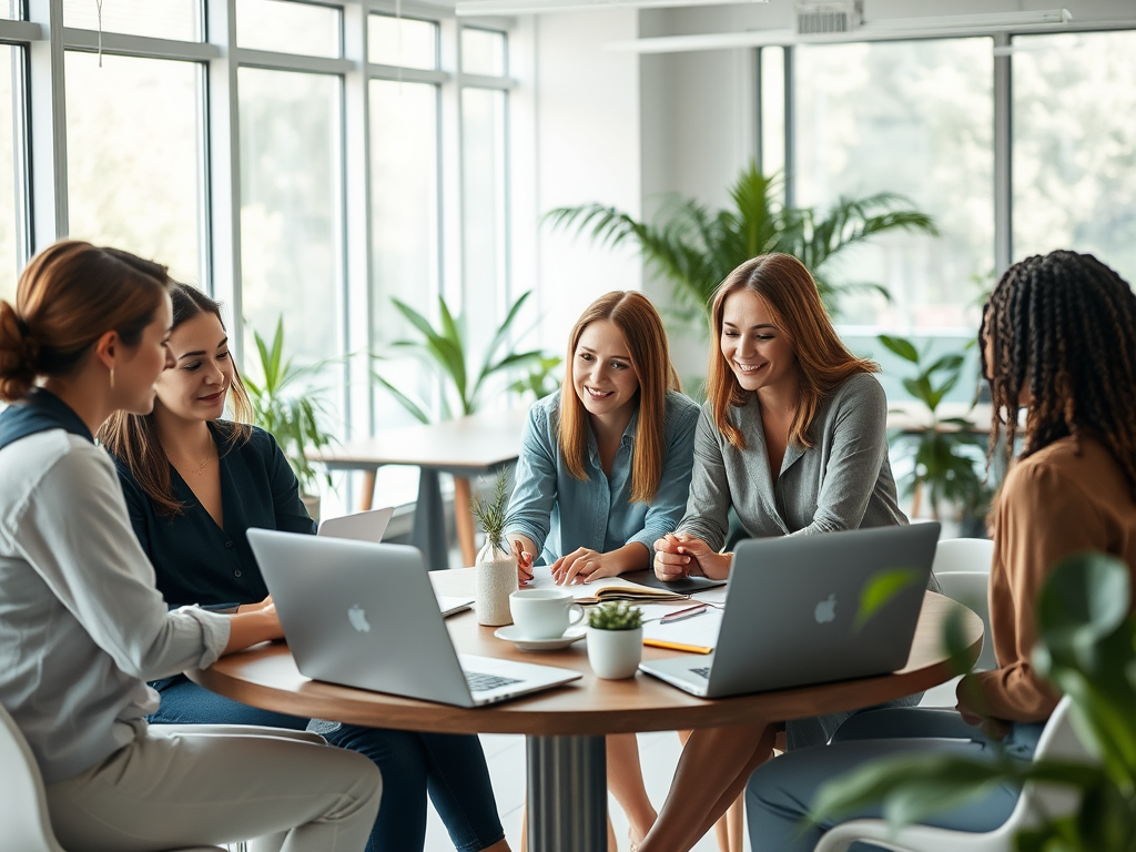 A group of five women seated around a table, engaged in a discussion with laptops and plants in a bright office.